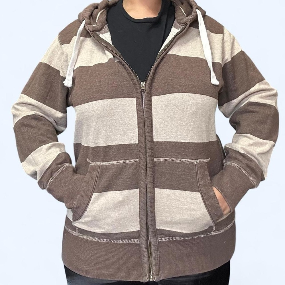 Vintage Y2K Brown & Cream Roebuck & Co Striped Zip Up Hoodie- Large